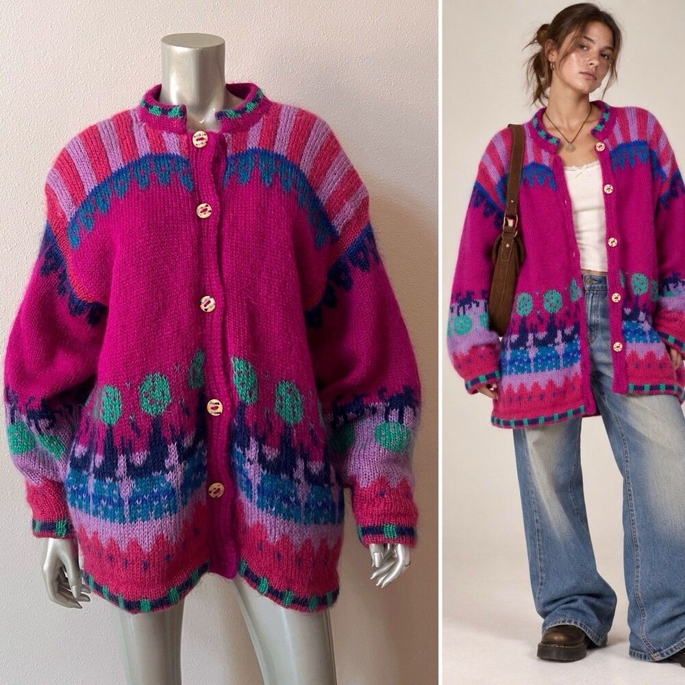 Siochain Handloomed Mohair Sweater Coat L Irish 100% Wool Fuchsia Vintage 80s